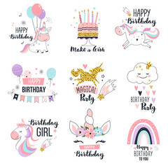 Happy birthday greeting cards with cute unicorns. Hand drawn vector illustration. © Colorlife
