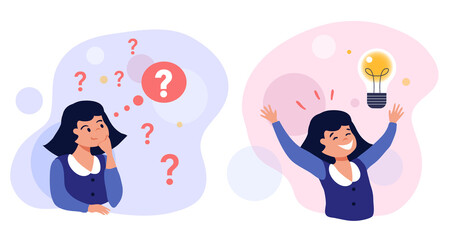 Problem solving concept illustration, cute girl thinking - trying to find a solution with question mark and happy with light bulb creative idea