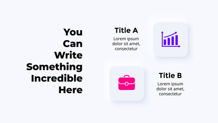 Neumorphic Vector Infographic. Presentation slide template. Squares with icons. 2 processes. Neumorphism ui design. Clean minimal flat style. 