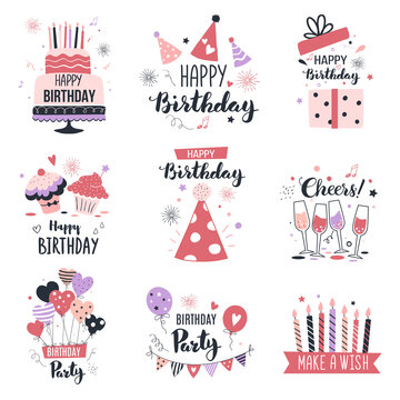 Happy birthday greeting card and party invitation set, vector illustration, hand drawn style