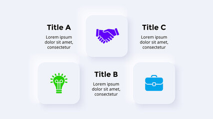 Neumorphic Vector Infographic. Presentation slide template. Squares with icons. 3 processes. Neumorphism ui design. Clean minimal flat style. 