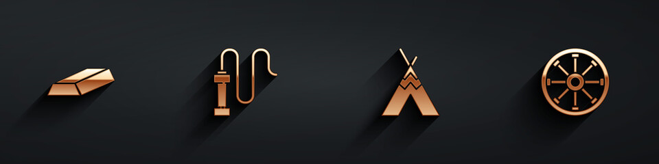 Set Gold bars, Leather whip, Indian teepee or wigwam and Old wooden wheel icon with long shadow. Vector. © Vadim