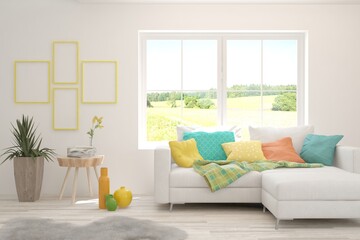 White living room with sofa and summer landscape in window. Scandinavian interior design. 3D illustration
