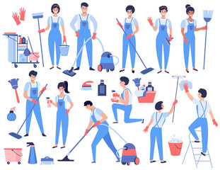Cleaning service set. Men and women dressed in uniform work with the equipment. Vector illustration.