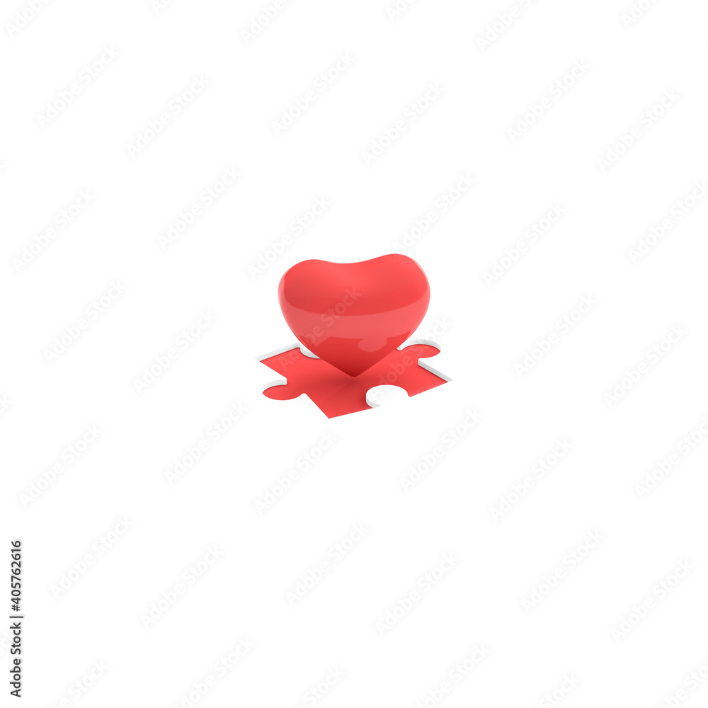 Poster heart and red puzzle isolated on white background, valentine concept, 3d rendering.