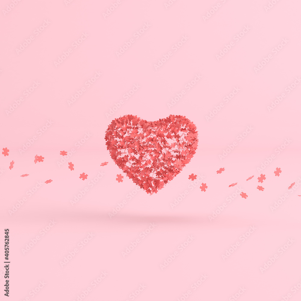 Poster floating puzzle in heart shape, valentine concept, 3d rendering.