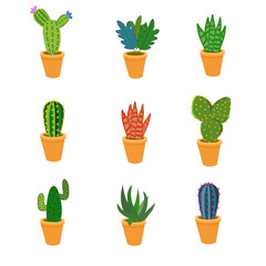Set of nine isolated cute cactus illustrations of succulents in pots and with plants on white background.