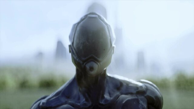 military space soldiers of the future on a green meadow against the backdrop of a futuristic city. Realistic 4k animation.