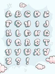 Soft clouds letters. Vector color illustration for kids design. Bubble font set 