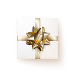 White gift box with golden silk bow in realistic style top view. Vector