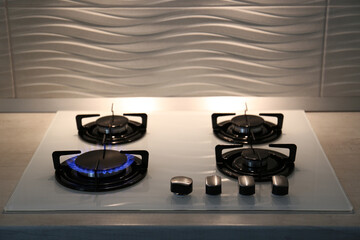 Modern kitchen stove with burning gas indoors