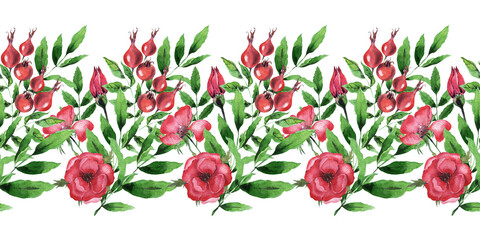 Watercolor seamless  border with rosehip plant. Leaves, twigs, flowers and buds