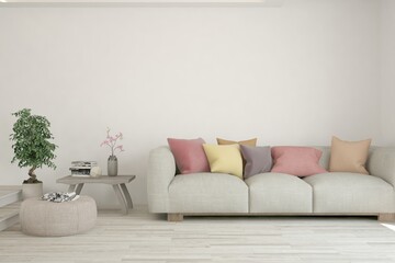 White living room with sofa. Scandinavian interior design. 3D illustration