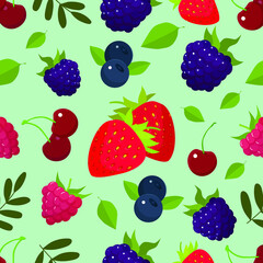 Bright summer vector Pattern summer berries .Drawing Strawberry, Blackberry, Cherry,Blueberry.
