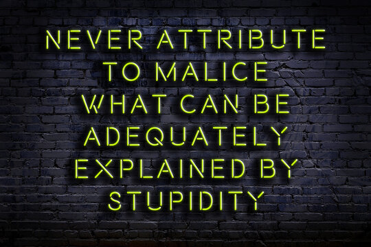 Night view of neon sign on brick wall. Wise qoutation.