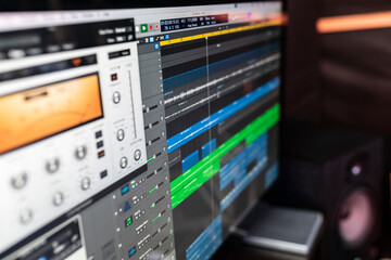 The workplace in the recording studio with program on computer DJ or songwriter to create a new...