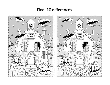 Halloween haunted house find the differences picture puzzle and coloring page
