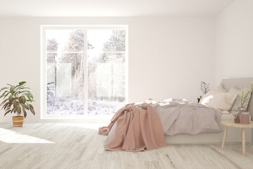 Stylish bedroom in white color with winter landscape in window. Scandinavian interior design. 3D illustration