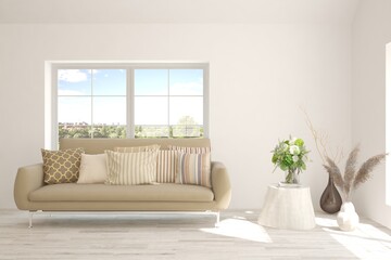 White living room with sofa and summer landscape in window. Scandinavian interior design. 3D illustration