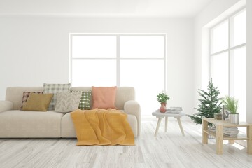 White living room with sofa. Scandinavian interior design. 3D illustration
