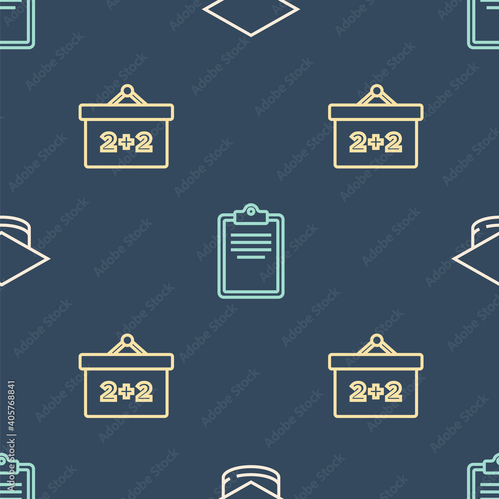 Aufkleber set line graduation cap, chalkboard and clipboard with checklist on seamless pattern. vector.