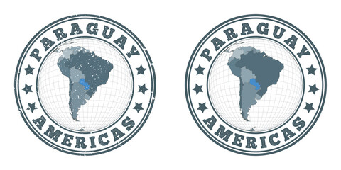 Paraguay round logos. Circular badges of country with map of Paraguay in world context. Plain and textured country stamps. Vector illustration.