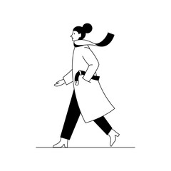 Stylish woman walking down the street wearing coat and scarf. Outline vector illustration of a woman walking in fashionable stylish clothing. Black and white linear illustration.