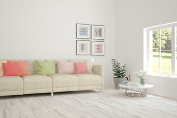 White living room with sofa. Scandinavian interior design. 3D illustration