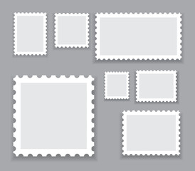 Blank postage stamps template set isolated on gray background. Collection of trendy postage stamps for label, sticker, app, mockup post stamp and wallpaper. Blank postage stamps, vector illustration