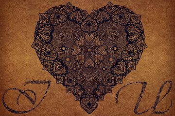 Stylized eco card with lace symbols "I love you" and a lace heart drawn on cardboard
