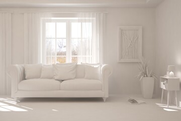 White minimalist living room with sofa. Scandinavian interior design. 3D illustration