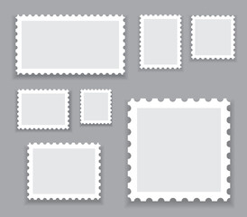 Blank postage stamps template set isolated on gray background. Collection of trendy postage stamps for label, sticker, app, mockup post stamp and wallpaper. Blank postage stamps, vector illustration