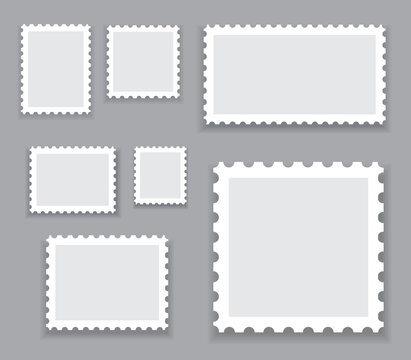 Blank postage stamps template set isolated on gray background. Collection of trendy postage stamps for label, sticker, app, mockup post stamp and wallpaper. Blank postage stamps, vector illustration