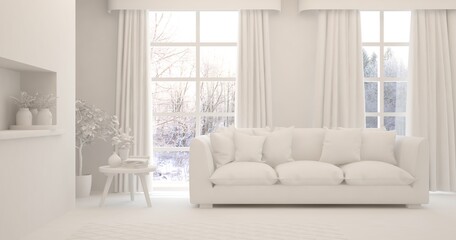 White minimalist living room with sofa. Scandinavian interior design. 3D illustration