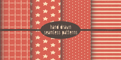 Set of hand drawn vector seamless patterns. Geometric - stripes and points. Doodle drawing with colored pencils. Red and white. Ideal for textiles, paper, design, scrapbooking.