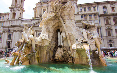 Fountain of the four rivers on the Piazza Navona square in Rome. Fontana dei Fiumi del Bernini in the eternal city and capital of Italy.