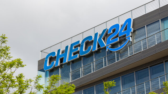Munich, Bavaria / Germany - May 3, 2020: Check24 logo at the facade of the offices near Hackerbr&uuml;cke.