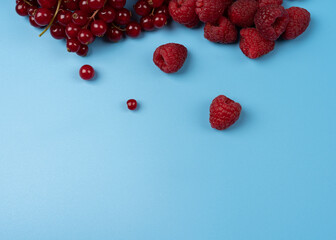 Red currants with fresh red raspberry in a blue background 