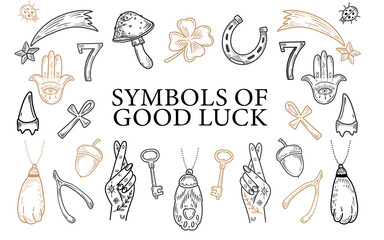 Charms of Good Luck. Hand drawn doodle Lucky symbols set. Luck symbols of wealth elements Ladybug Clover Horseshoe Wishbone. symbols of luck