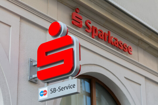 Dresden, Germany - Apr 8, 2019: Close up of Sparkasse logo, captured in the city center of Dresden.
