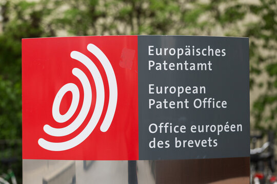 Munich, Bavaria / Germany - May 25, 2019: Signpost at the entrance of the European Patent Office headquarters in Munich (EPO).