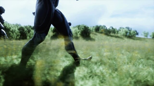 military space soldiers of the future on a green meadow against the backdrop of a futuristic city. Realistic 4k animation.