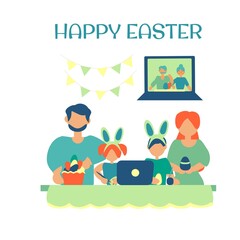 Fototapeta premium Family celebrate easter together through video call Easter party online Vector flat illustration