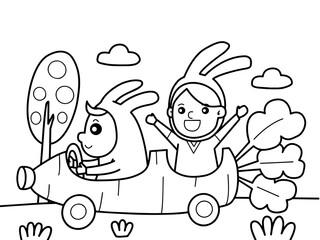 Two kids with big carrot car on a trip without color for color book