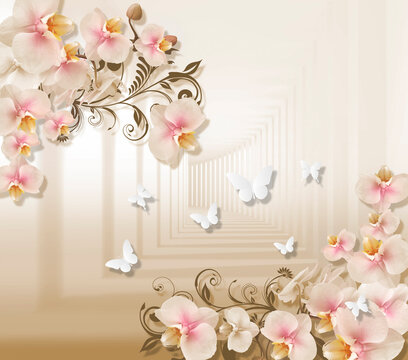 3D Illustration of beautiful pink flowers 3d background 3D Wallpaper. Wallpaper with butterflies © antura