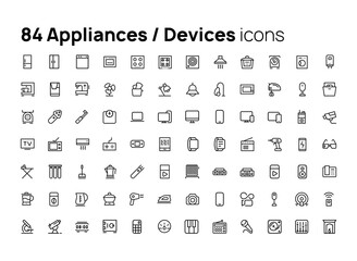 Appliances, devices. High quality concepts of linear minimalistic flat vector icons set for web sites, interface of mobile applications and design of printed products.