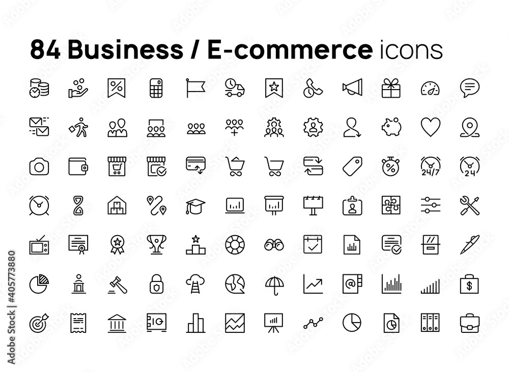 Poster business, e-commerce. high quality concepts of linear minimalistic flat vector icons set for web sit