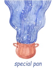 Cosmos watercolor banner. Cosmos wave inspiration pan. Cooking food. Vector cartoon style.