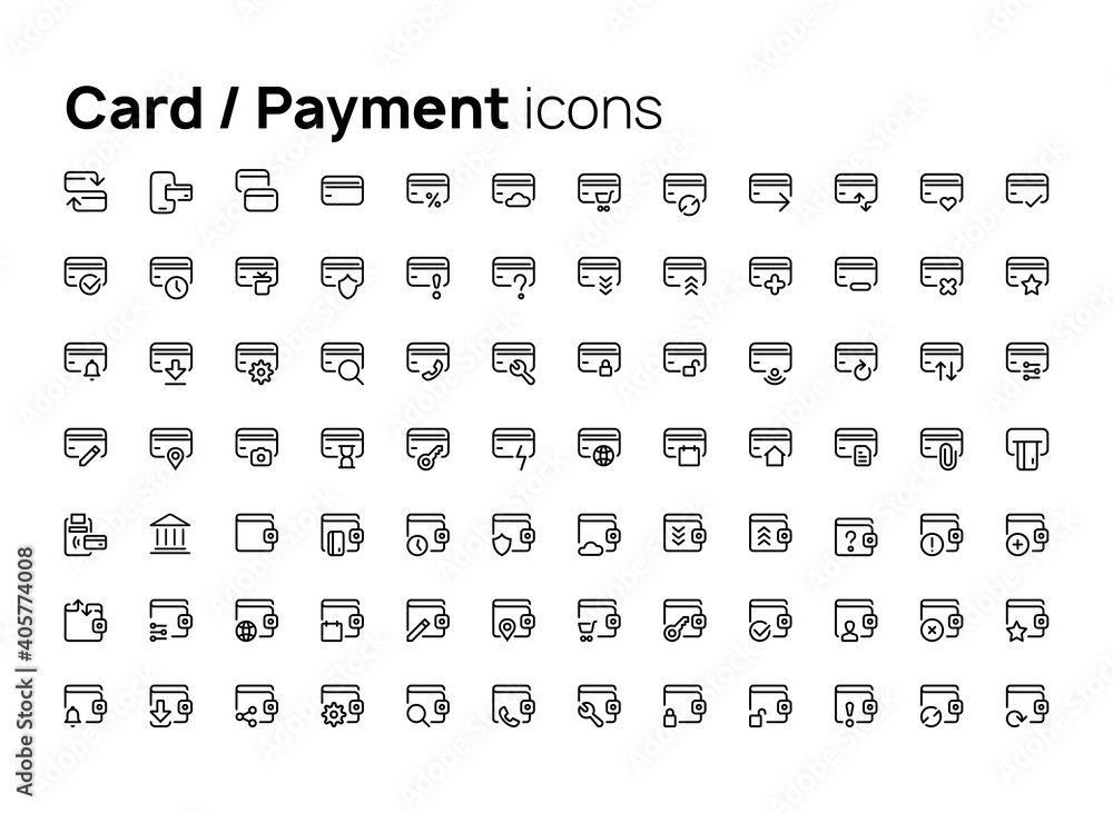 Poster cards and payment. high quality concepts of linear minimalistic vector icons set for web sites, inte