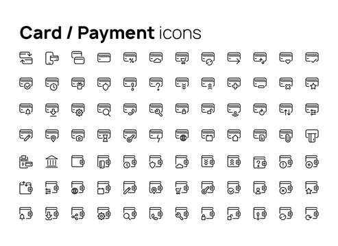 Cards and payment. High quality concepts of linear minimalistic vector icons set for web sites, interface of mobile applications and design of printed products.